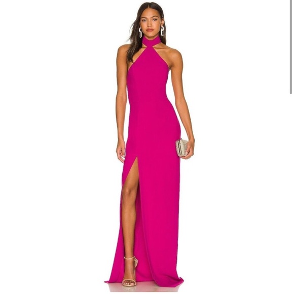 Amanda Uprichard Queen Halterneck Side Seam Split Maxi Gown in Magenta Small‎ - Picture 1 of 5